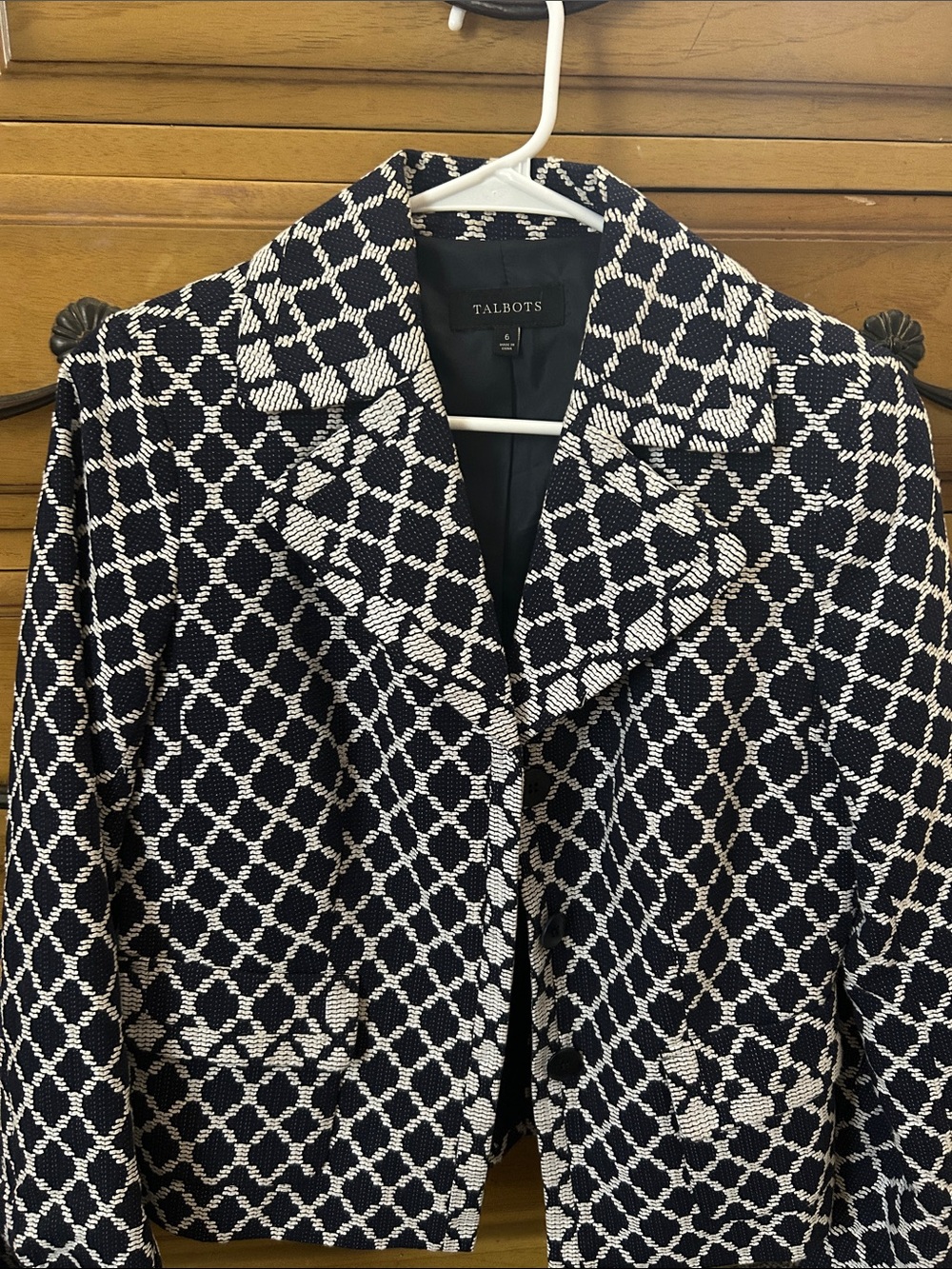 Talbots Navy and White Geometric Cropped Blazer